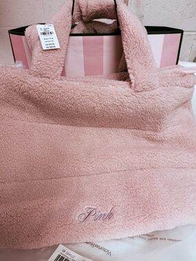 PINK Victoria's Secret Plush Sherpa Tote Bag in Light Pink